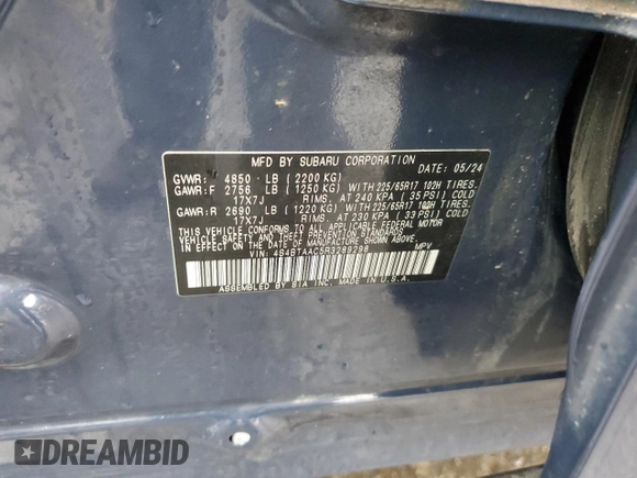 2024 Subaru Outback with VIN 4S4BTAAC5R3289298, listed as a Copart auction lot 52293025 with 23,957 mi miles and Salvage title. Bid and sale history available at DreamBid. Image 12.