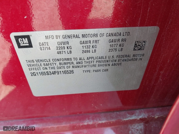 2015 Chevrolet Impala LTZ with VIN 2G1165S34F9116526, listed as a IAAI auction lot 42104754 with 145,961 mi miles. Bid and sale history available at carsss.com. Image 9.