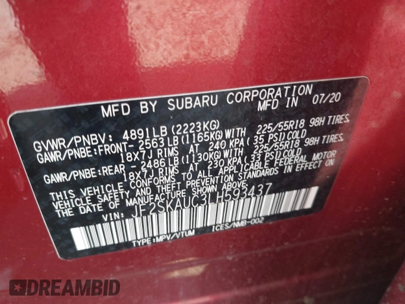 2020 Subaru Forester Limited with VIN JF2SKAUC3LH593437, listed as a IAAI auction lot 42358746 with 65,728 mi miles and . Bid and sale history available at DreamBid. Image 9.
