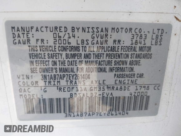 2014 Nissan Sentra SR with VIN 3N1AB7AP7EY261404, listed as a IAAI auction lot 42081926 with 170,567 mi miles and . Bid and sale history available at DreamBid. Image 9.
