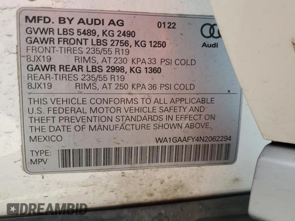 2022 Audi Q5 S line Premium z VIN WA1GAAFY4N2062294, wystawiony jako Copart lot #52314365 z przebiegiem 40 920 mil mil oraz Szkoda całkowita • Salvage title. Historia ofert i sprzedaży dostępna na DreamBid. Obrazek 13.