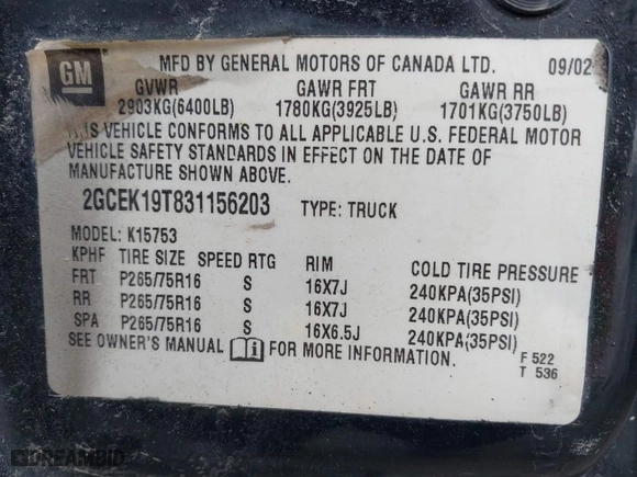 2003 Chevrolet Silverado 1500 LS with VIN 2GCEK19T831156203, listed as a IAAI auction lot 41513601 with 171,586 mi miles. Bid and sale history available at carsss.com. Image 9.