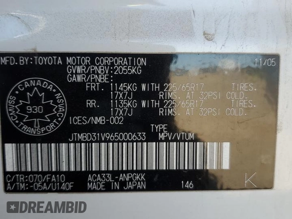 2006 Toyota RAV4 Limited with VIN JTMBD31V965000633, listed as a Copart auction lot 59390625 with 558,572 mi miles and Salvage title. Bid and sale history available at DreamBid. Image 13.