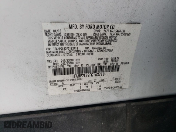 2015 Ford Police Interceptor with VIN 1FAHP2L82FG163718, listed as a Copart auction lot 56392295 with 122,940 mi miles and Salvage title. Bid and sale history available at DreamBid. Image 12.