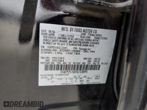 2007 Ford Five Hundred Limited with VIN 1FAFP25107G123095, listed as a Copart auction lot 79606274 with 167,868 mi miles and Salvage Title. Bid and sale history available at carsss.com. Image 12.