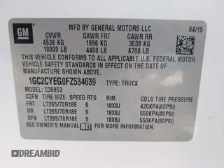 2015 Chevrolet Silverado 3500HD with VIN 1GC2CYEG0FZ534639, listed as a IAAI auction lot 42080526 with 245,795 mi miles and . Bid and sale history available at DreamBid. Image 9.