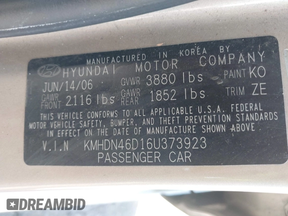 2006 Hyundai Elantra GLS with VIN KMHDN46D16U373923, listed as a IAAI auction lot 42632039 with 215,766 mi miles and . Bid and sale history available at DreamBid. Image 9.