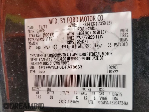 2013 Ford F-150 XL with VIN 1FTFW1EF0DFA78633, listed as a Copart auction lot 44163625 with 0 mi miles and Salvage Title. Bid and sale history available at carsss.com. Image 13.