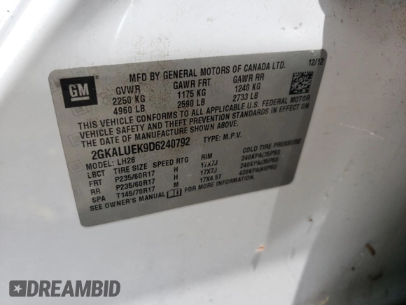 2013 GMC Terrain SLT with VIN 2GKALUEK9D6240792, listed as a Copart auction lot 59057805 with 182,611 mi miles and Clean title. Bid and sale history available at DreamBid. Image 13.