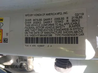 2019 Honda Accord Sedan Sport 1.5T with VIN 1HGCV1F36KA057288, listed as a IAAI auction lot 42003713 with Not Provided miles. Bid and sale history available at carsss.com. Image 9.