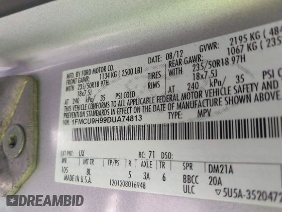 2013 Ford Escape SEL with VIN 1FMCU9H99DUA74813, listed as a IAAI auction lot 42070945 with 187,417 mi miles and . Bid and sale history available at DreamBid. Image 9.