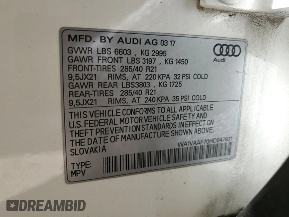2017 Audi Q7 Prestige z VIN WA1VAAF70HD047931, wystawiony jako Copart lot #48360985 z przebiegiem 113 562 mil mil oraz Szkoda całkowita • Salvage title. Historia ofert i sprzedaży dostępna na DreamBid. Obrazek 13.