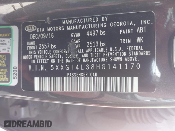 2017 Kia Optima LX with VIN 5XXGT4L38HG141170, listed as a IAAI auction lot 42338671 with 109,754 mi miles and . Bid and sale history available at DreamBid. Image 9.