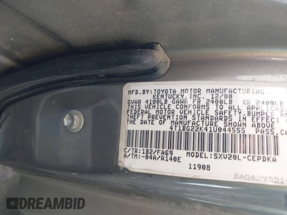 2001 Toyota Camry CE with VIN 4T1BG22K41U044555, listed as a IAAI auction lot 41949013 with 1 mi miles. Bid and sale history available at carsss.com. Image 9.