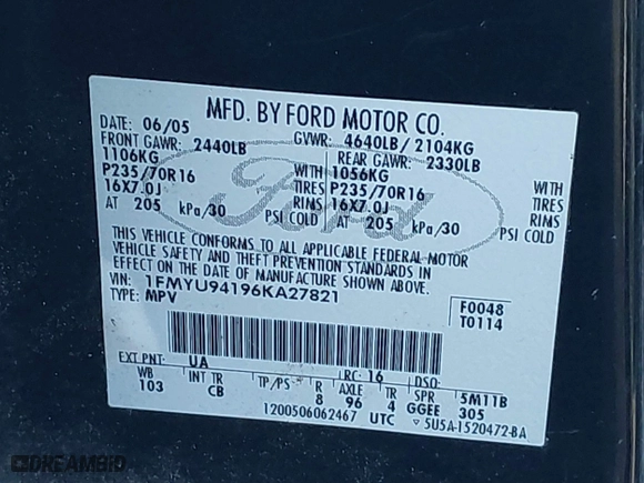 2006 Ford Escape Limited with VIN 1FMYU94196KA27821, listed as a IAAI auction lot 41440532 with 181,165 mi miles. Bid and sale history available at carsss.com. Image 9.