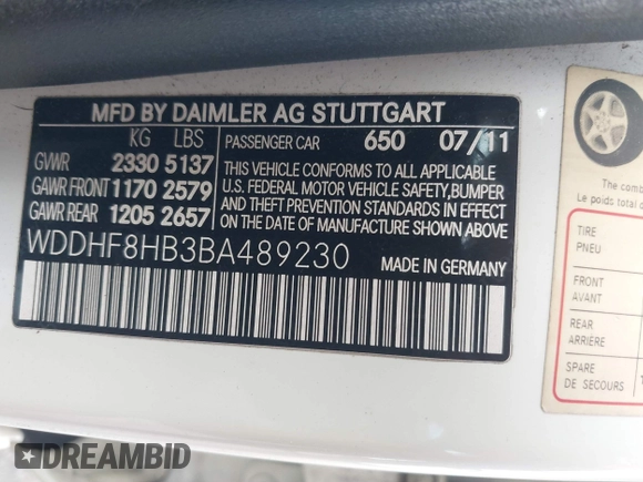 2011 Mercedes-Benz E 350 Luxury with VIN WDDHF8HB3BA489230, listed as a IAAI auction lot 42158712 with 211,875 mi miles and . Bid and sale history available at DreamBid. Image 9.