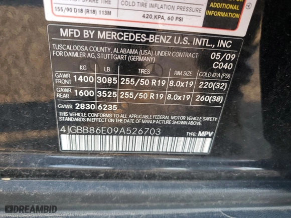 2009 Mercedes-Benz M-Class 3.5L with VIN 4JGBB86E09A526703, listed as a Copart auction lot 51101715 with 50,539 mi miles and Salvage Title. Bid and sale history available at carsss.com. Image 16.