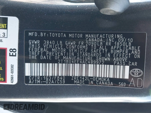 2010 Toyota Corolla with VIN 2T1BU4EE4AC489972, listed as a IAAI auction lot 41955399 with 139,270 mi miles. Bid and sale history available at carsss.com. Image 9.