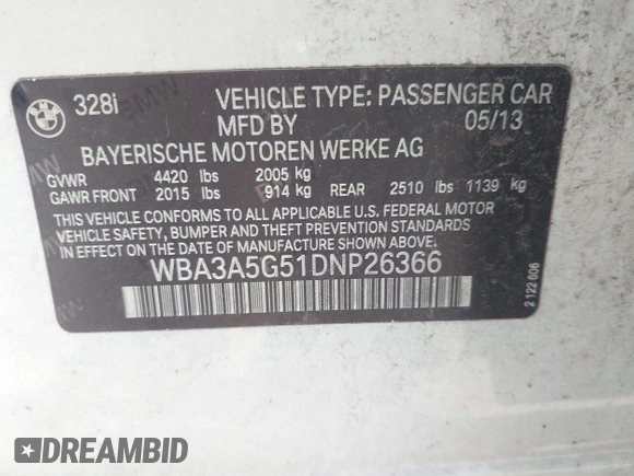 2013 BMW 3 Series 328i z VIN WBA3A5G51DNP26366, wystawiony jako IAAI lot #42562204 z przebiegiem 178 561 mil mil oraz . Historia ofert i sprzedaży dostępna na DreamBid. Obrazek 9.