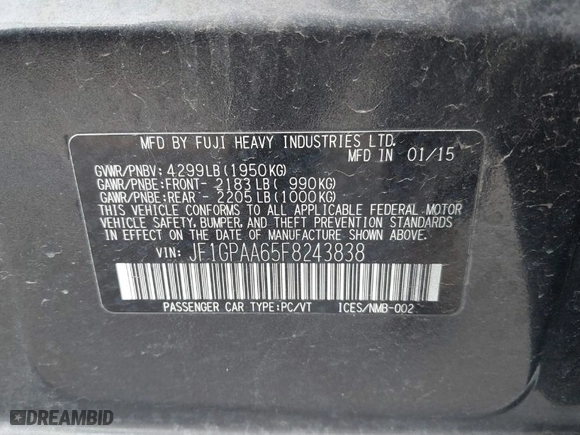 2015 Subaru Impreza Wagon 2.0i with VIN JF1GPAA65F8243838, listed as a IAAI auction lot 41483331 with 103,266 mi miles. Bid and sale history available at carsss.com. Image 9.
