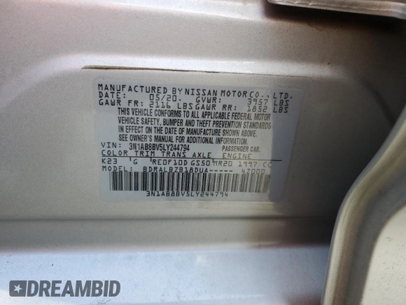 2020 Nissan Sentra S with VIN 3N1AB8BV5LY244794, listed as a Copart auction lot 47380785 with 72,841 mi miles and Salvage Title. Bid and sale history available at carsss.com. Image 15.