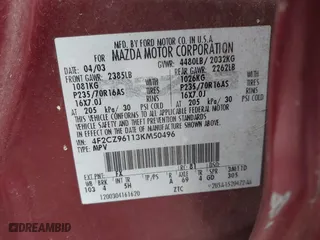2003 Mazda Tribute ES with VIN 4F2CZ96113KM50496, listed as a IAAI auction lot 41929251 with 187,755 mi miles. Bid and sale history available at carsss.com. Image 9.