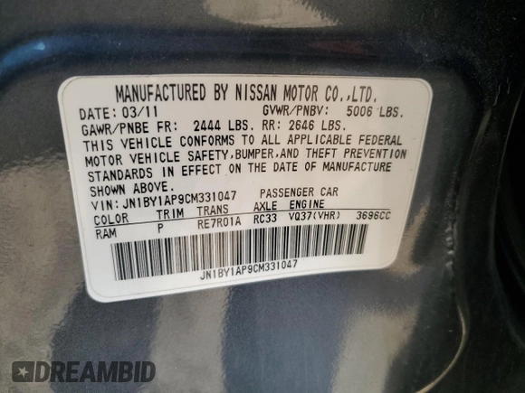 2012 Infiniti M with VIN JN1BY1AP9CM331047, listed as a Copart auction lot 49730015 with 125,263 mi miles and Salvage Title. Bid and sale history available at DreamBid. Image 13.