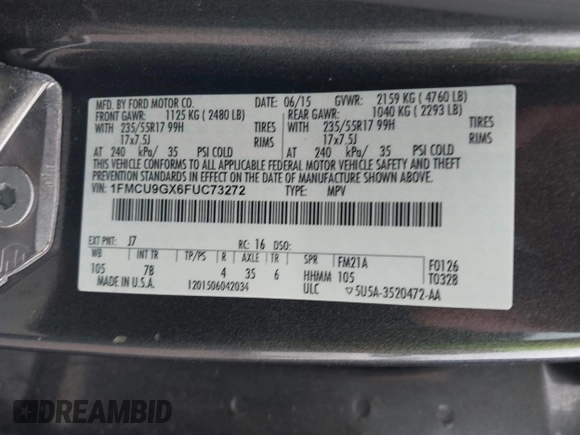 2015 Ford Escape SE with VIN 1FMCU9GX6FUC73272, listed as a IAAI auction lot 41966307 with 118,144 mi miles and . Bid and sale history available at DreamBid. Image 9.