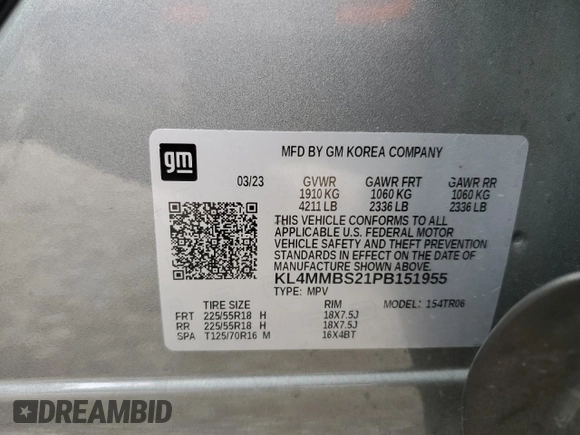 2023 Buick Encore GX Preferred with VIN KL4MMBS21PB151955, listed as a Copart auction lot 86513444 with 23,774 mi miles and Salvage title. Bid and sale history available at DreamBid. Image 14.
