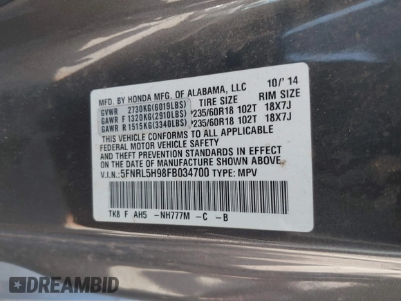 2015 Honda Odyssey Touring Elite with VIN 5FNRL5H98FB034700, listed as a IAAI auction lot 42019265 with 226,829 mi miles and . Bid and sale history available at DreamBid. Image 9.