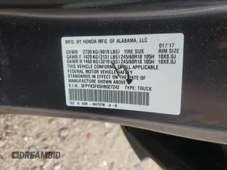 2017 Honda Ridgeline RTL-T with VIN 5FPYK3F65HB027242, listed as a Copart auction lot 62584355 with 43,165 mi miles and Salvage title. Bid and sale history available at DreamBid. Image 12.