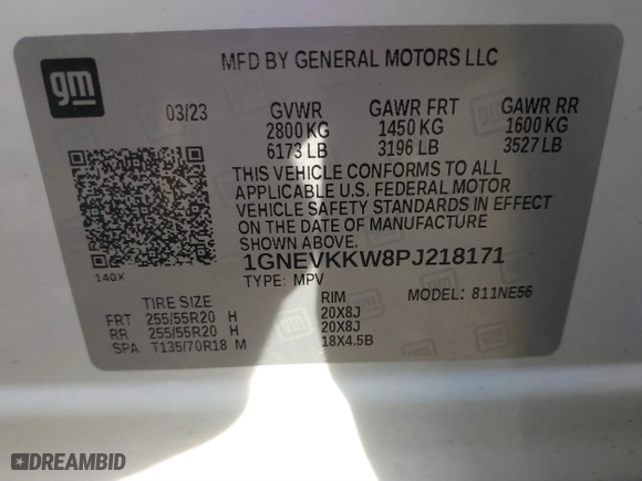 2023 Chevrolet Traverse Premier with VIN 1GNEVKKW8PJ218171, listed as a IAAI auction lot 41822396 with 38,345 mi miles. Bid and sale history available at carsss.com. Image 9.