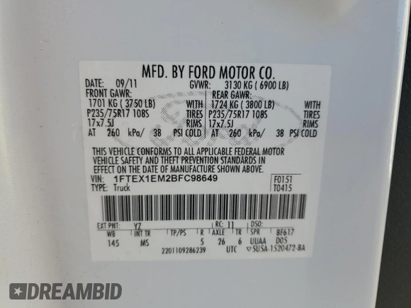 2011 Ford F-150 XL with VIN 1FTEX1EM2BFC98649, listed as a Copart auction lot 61418125 with 146,082 mi miles and Salvage title. Bid and sale history available at DreamBid. Image 12.