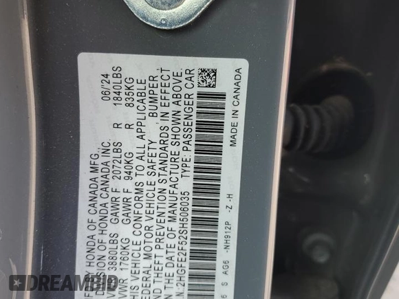 2025 Honda Civic Sport with VIN 2HGFE2F52SH506035, listed as a Copart auction lot 54035805 with 11,141 mi miles and Salvage title. Bid and sale history available at DreamBid. Image 12.