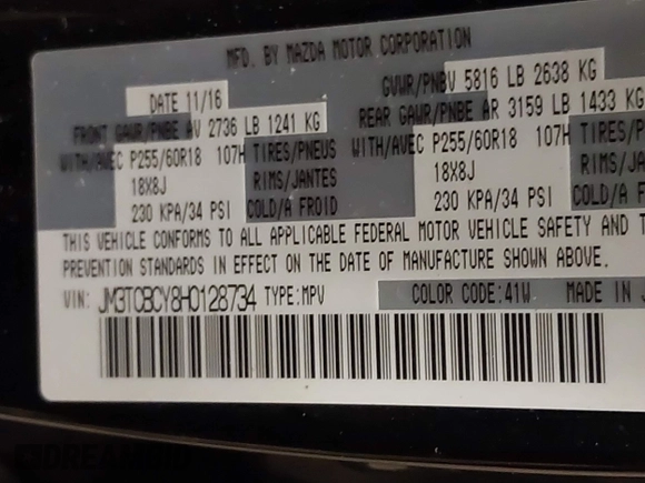 2017 Mazda CX-9 Touring with VIN JM3TCBCY8H0128734, listed as a IAAI auction lot 41256313 with 166,353 mi miles. Bid and sale history available at carsss.com. Image 9.