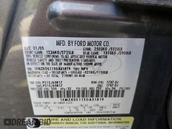 2005 Ford Freestyle SEL z VIN 1FMZK05115GA31819, wystawiony jako Copart lot #73663814 z przebiegiem Nie podano mil oraz Nie do naprawy • Non repairable. Historia ofert i sprzedaży dostępna na DreamBid. Obrazek 12.