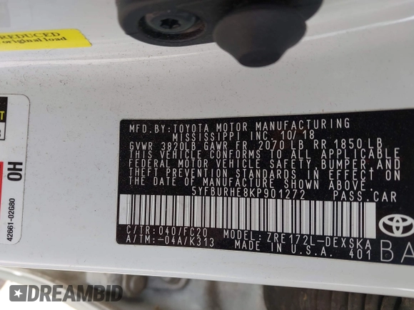 2019 Toyota Corolla L with VIN 5YFBURHE8KP901272, listed as a IAAI auction lot 42031180 with 117,932 mi miles and . Bid and sale history available at DreamBid. Image 9.