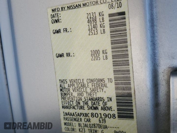 2011 Nissan Maxima S z VIN 1N4AA5APXBC801908, wystawiony jako Copart lot #49869325 z przebiegiem 148 248 mil mil oraz Szkoda całkowita • Salvage title. Historia ofert i sprzedaży dostępna na DreamBid. Obrazek 12.