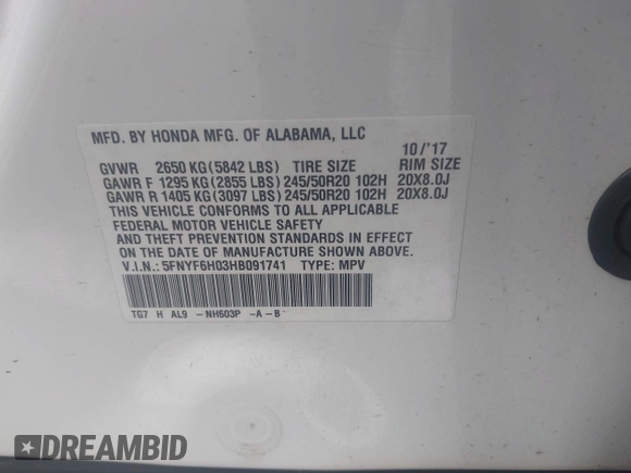 2017 Honda Pilot Elite с VIN 5FNYF6H03HB091741, выставлен на аукционе IAAI как лот 42351830 с пробегом 117 005 миль миль и . История ставок и продаж доступна на DreamBid. Изображение 9.