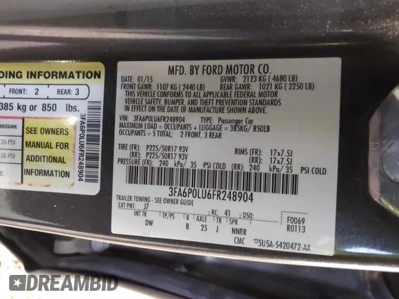 2015 Ford Fusion SE Hybrid with VIN 3FA6P0LU6FR248904, listed as a IAAI auction lot 41556607 with 224,799 mi miles. Bid and sale history available at carsss.com. Image 9.