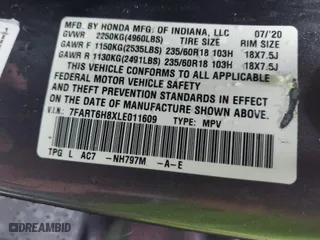 2020 Honda CR-V Hybrid EX-L with VIN 7FART6H8XLE011609, listed as a IAAI auction lot 41573897 with 95,966 mi miles. Bid and sale history available at carsss.com. Image 9.