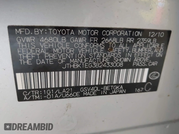 2011 Lexus ES 330 with VIN JTHBK1EG3B2433008, listed as a IAAI auction lot 42536589 with 126,518 mi miles and . Bid and sale history available at DreamBid. Image 9.