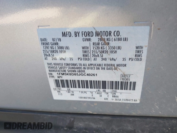 2018 Ford Explorer XLT with VIN 1FM5K8D85JGC40261, listed as a IAAI auction lot 40551477 with 70,177 mi miles and . Bid and sale history available at DreamBid. Image 9.