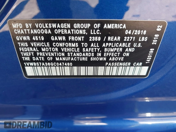 2016 Volkswagen Passat SE z VIN 1VWBS7A36GC047480, wystawiony jako IAAI lot #41685321 z przebiegiem 121 379 mil mil oraz . Historia ofert i sprzedaży dostępna na DreamBid. Obrazek 9.