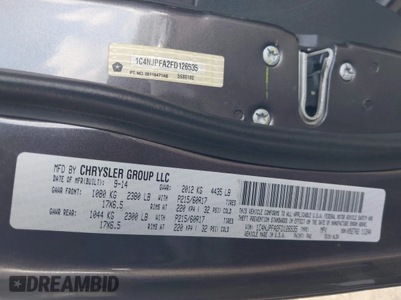 2015 Jeep Patriot High Altitude with VIN 1C4NJPFA2FD126535, listed as a IAAI auction lot 41517015 with 162,403 mi miles and . Bid and sale history available at DreamBid. Image 9.