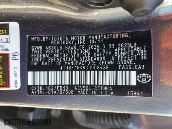 2012 Toyota Camry L with VIN 4T1BF1FK6CU008439, listed as a Copart auction lot 50450355 with 75,188 mi miles and Salvage Title. Bid and sale history available at DreamBid. Image 14.