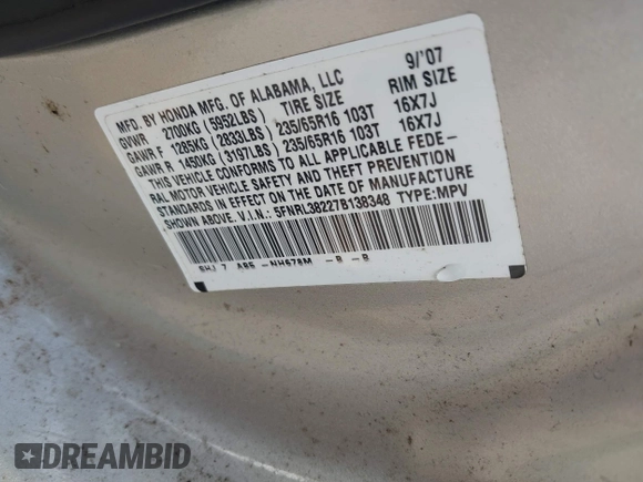 2007 Honda Odyssey LX with VIN 5FNRL38227B138348, listed as a IAAI auction lot 41960805 with 177,069 mi miles. Bid and sale history available at carsss.com. Image 9.