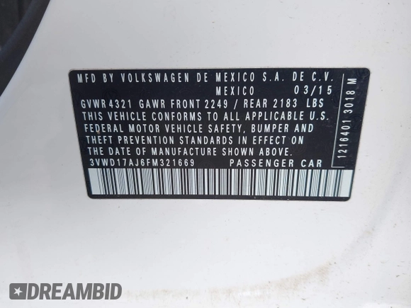 2015 Volkswagen Jetta SE with VIN 3VWD17AJ6FM321669, listed as a IAAI auction lot 42447948 with 143,796 mi miles and . Bid and sale history available at DreamBid. Image 9.
