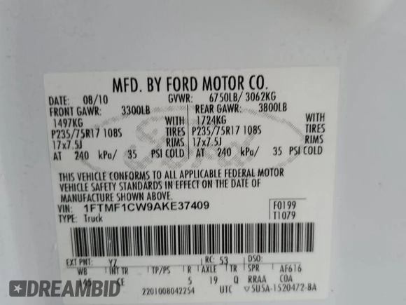 2010 Ford F-150 XL с VIN 1FTMF1CW9AKE37409, выставлен на аукционе Copart как лот 79657874 с пробегом 205 344 миль миль и Списание • Salvage title. История ставок и продаж доступна на DreamBid. Изображение 12.