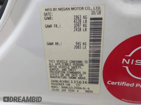2019 Nissan Altima 2.5 SR with VIN 1N4BL4CV8KC135636, listed as a IAAI auction lot 41635760 with 60,087 mi miles. Bid and sale history available at carsss.com. Image 9.